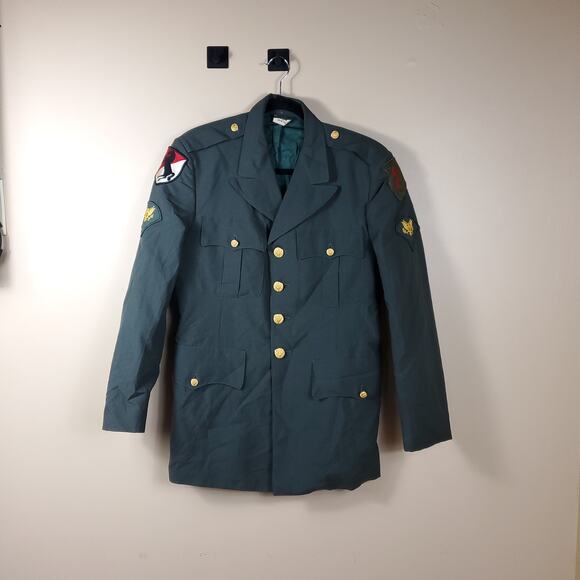 Vintage Army Green Service Coat Blazer Gold Tone Hardware Wool Blend 38R - Picture 1 of 12